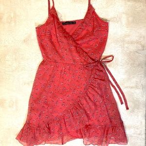 Abercrombie & Fitch Red/Coral Floral Wrap Dress with Frill Detail